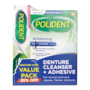 Polident Denture Cleanser Whitening 36s + Denture Adhesive Cream 60g Fresh Mint